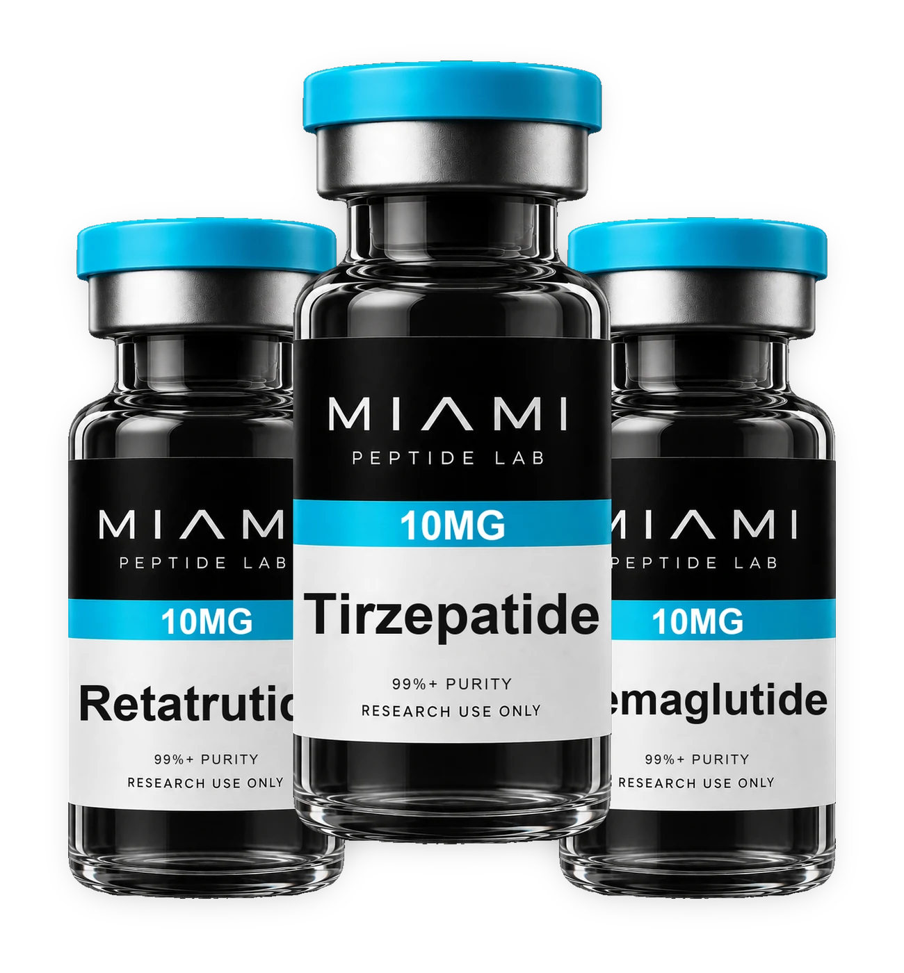 Miami Peptide Lab research peptide vials — Tirzepatide, Retatrutide, Semaglutide